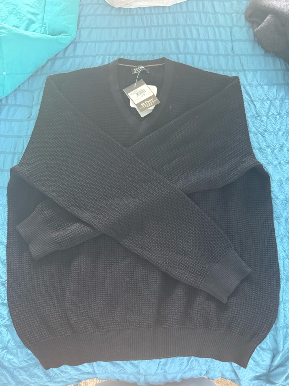 Men's Black Waffle Knit Crewneck Sweater - St. Croix Australian Merino wool
